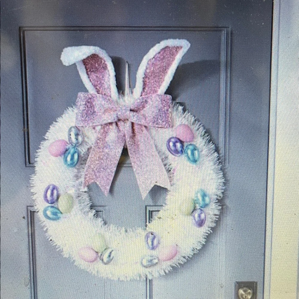 Pink Bunny Ear Easter Wreath with Pastel Eggs